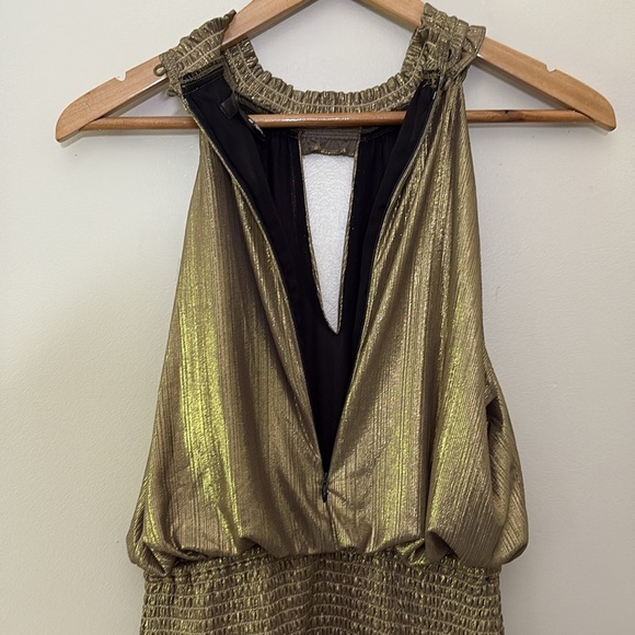 AQUA Metallic Lamé Mini Dress Sleeveless Smocked Ruffle Size Small - Picture 8 of 14